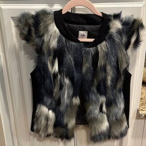 Cabi Faux Fur Top - Black and Gray and Blue